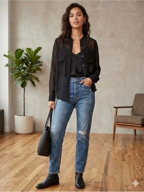 Abercrombie & Fitch Black Clip Dot Sheer Button Down Blouse Top Small